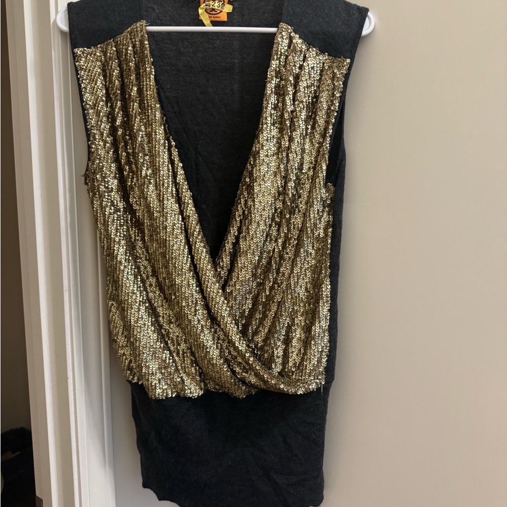 Tory Burch Charcoal Gray & Gold Dress